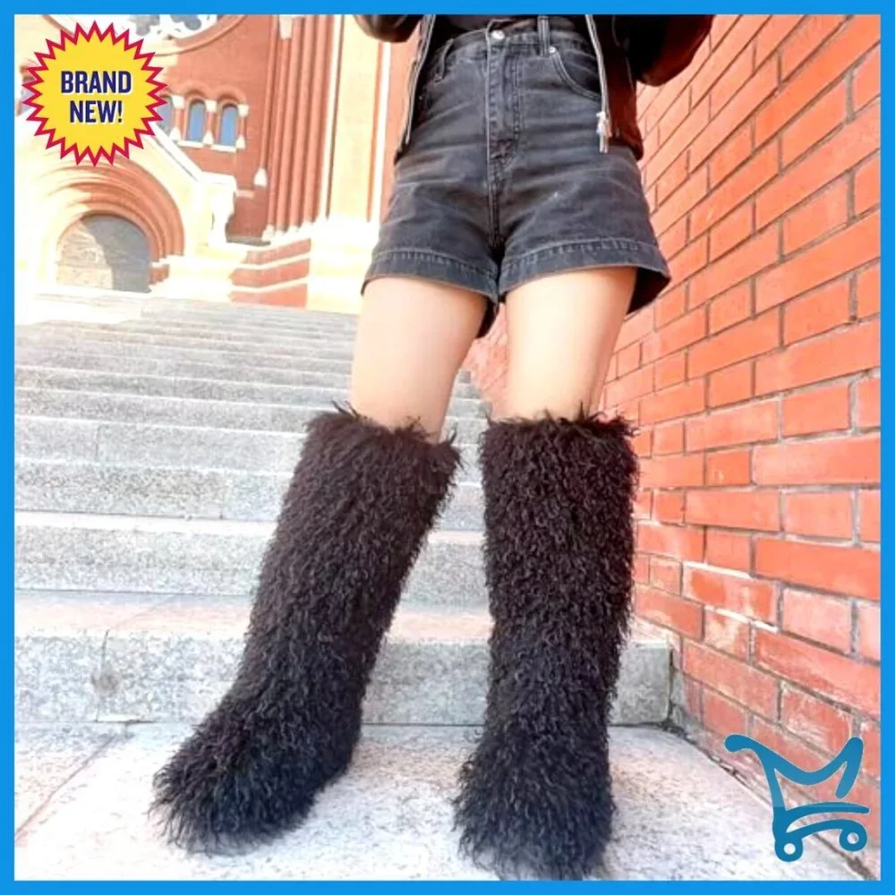 Faux Fur Tall Winter Boots, Mid-Calf Snow Boots, Pull-On Fuzzy Boots